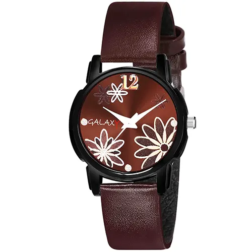 Brown Floral Analog Watch with Faux Leather Strap