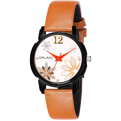 Galaxy White Analog Watch with Tan Faux Leather Strap