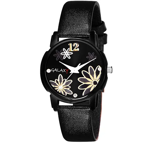 Black Floral Analog Watch with Black Faux Leather Strap