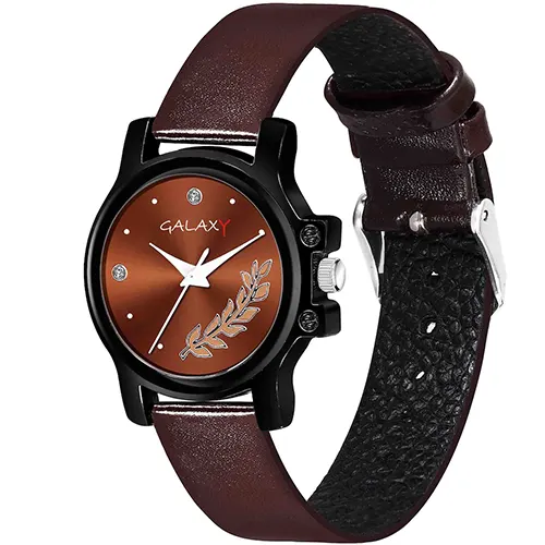 Brown Analog Watch with Leaf Detail and Brown Faux Leather Strap