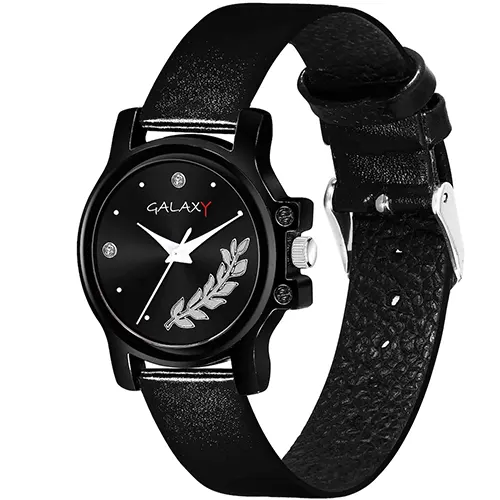 Black Analog Watch with Leaf Detail and Black Faux Leather Strap