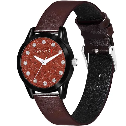 Brown Analog Watch with Embossed Dial and Brown Faux Leather Strap