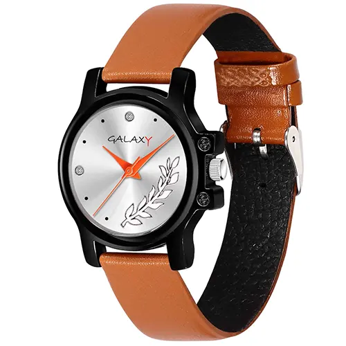 Silver Analog Watch with Leaf Detail and Brown Faux Leather Strap