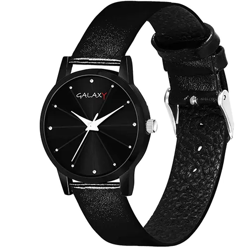 Black Analog Watch with Sunray Dial and Black Faux Leather Strap