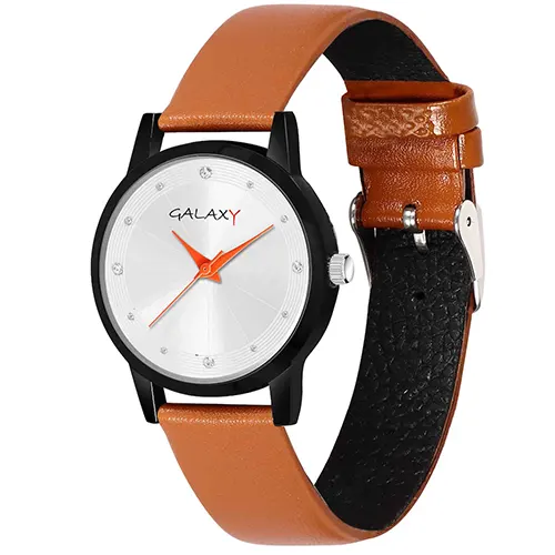  Silver Analog Watch with Orange Faux Leather Strap