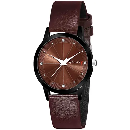 Brown Analog Watch with Sunray Dial and Brown Faux Leather Strap