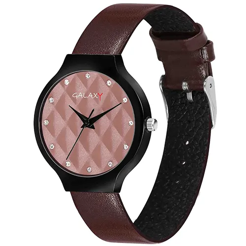 Pink Analog Watch with Geometric Dial and Brown Faux Leather Strap