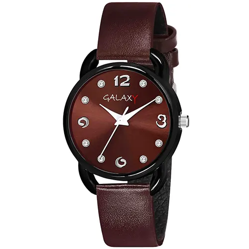 Galaxy Brown Analog Watch with Diamond Accents and Faux Leather Strap