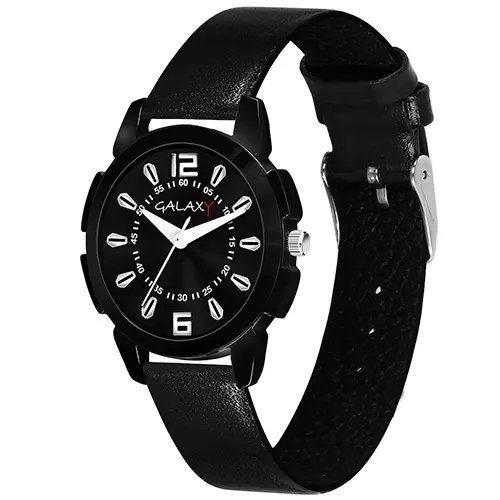 Black Analog Watch with Black Faux Leather Strap