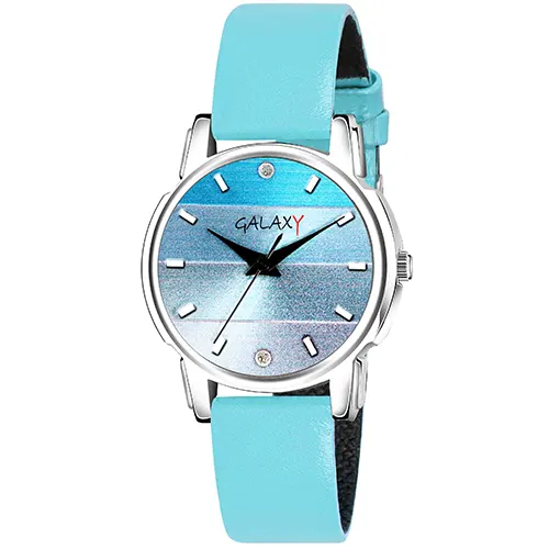Blue Ombre Analog Watch with Diamond Accents Silver Case, Blue Faux Leather Strap