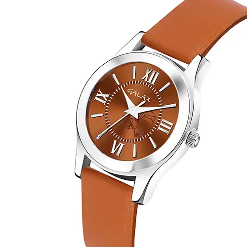 Galaxy Orange Analog Watch with Roman Numeral Dial and Sunray Effect Silver Case, Orange Faux Leather Strap