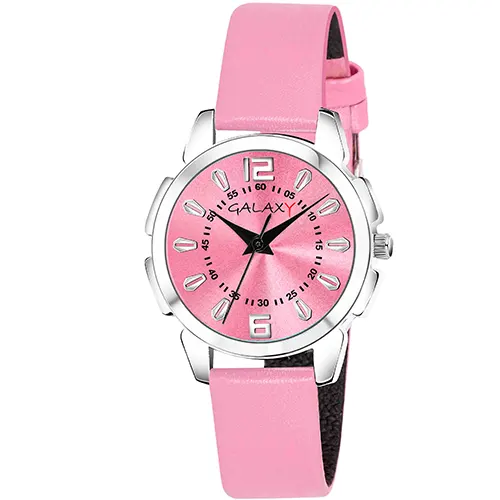 Pink Dial Faux Leather Strap Watch