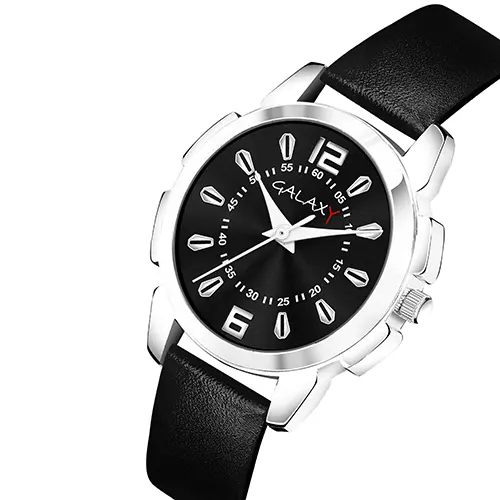 Black Dial Faux Leather Strap Watch