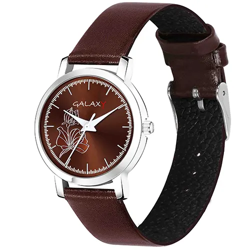 Floral Brown Dial Faux Leather Strap Watch