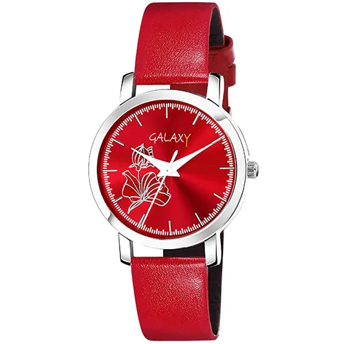Red Floral Dial Faux Leather Strap Watch