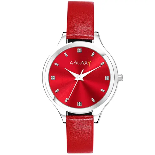 Red Dial Faux Leather Strap Watch with Diamantes