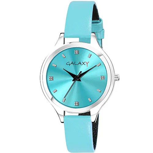 Blue Dial Faux Leather Strap Watch with Diamantes
