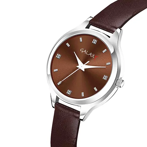 Brown Dial Faux Leather Strap Watch with Diamantes