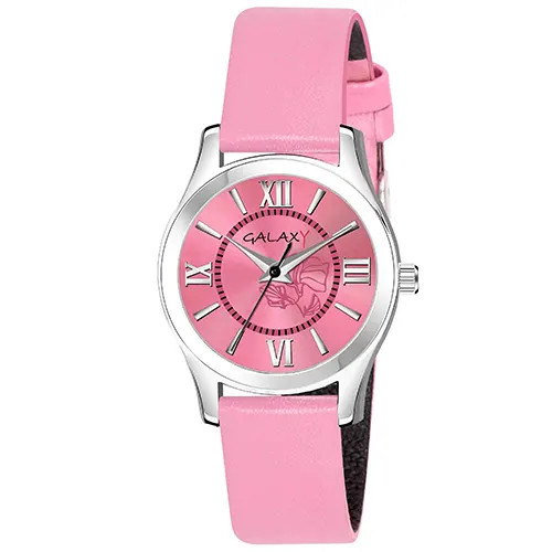 Galaxy Pink Analog Watch with Floral Dial and Sunray Effect Silver Case, Pink Faux Leather Strap