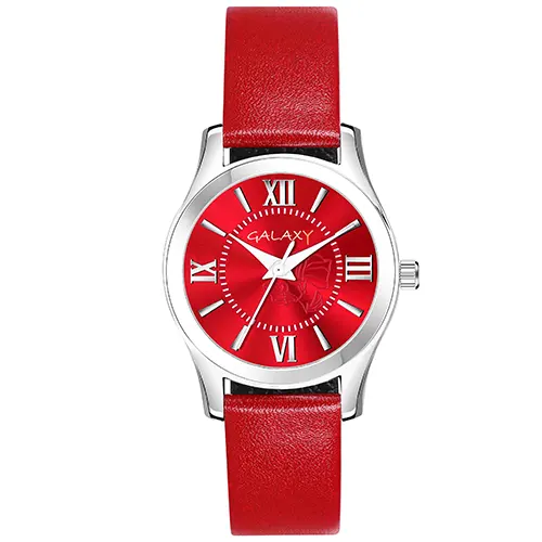Galaxy Red Analog Watch with Roman Numeral Dial and Sunray Effect Silver Case, Red Faux Leather Strap