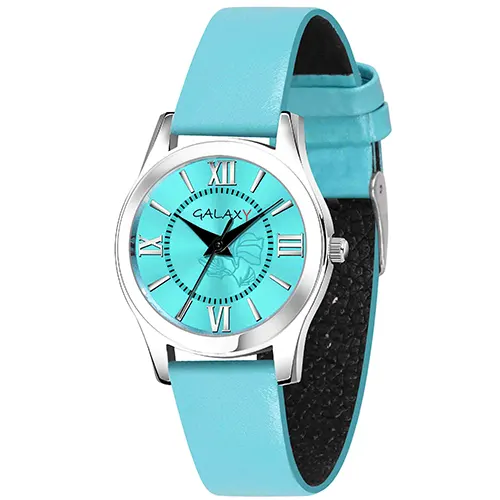 Galaxy Blue Analog Watch with Roman Numeral Dial and Sunray Effect Silver Case, Blue Faux Leather Strap