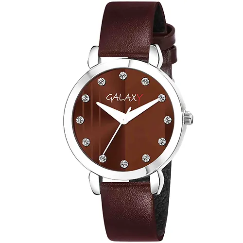 Brown Analog Watch with Striped Dial and Diamond Accents Silver Case, Brown Faux Leather Strap