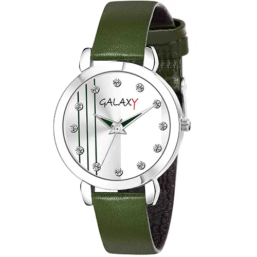 White Analog Watch with Striped Dial and Diamond Accents Silver Case, Green Faux Leather Strap