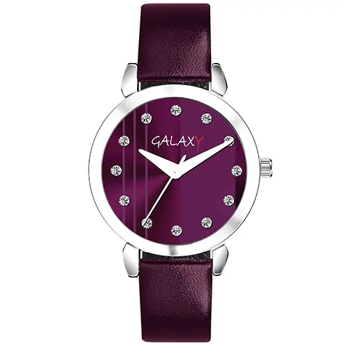 Galaxy Purple Analog Watch with Striped Dial and Diamond Accents Silver Case, Purple Faux Leather Strap