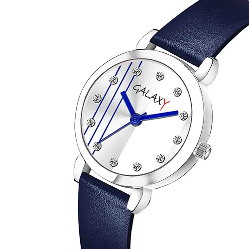 White Analog Watch with Striped Dial and Diamond Accents Silver Case, Blue Faux Leather Strap