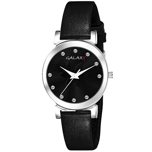 Butterfly Black Dial Faux Leather Strap Watch