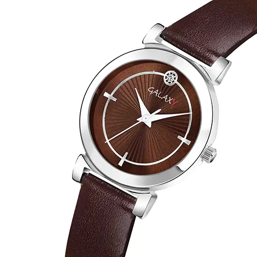 Brown Dial Faux Leather Strap Watch with Diamantes