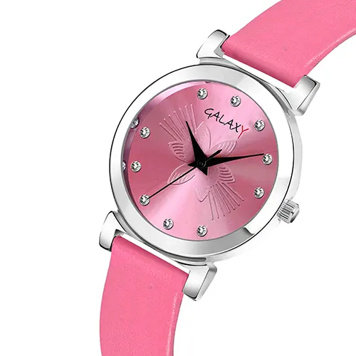 Butterfly Pink Dial Faux Leather Strap Watch