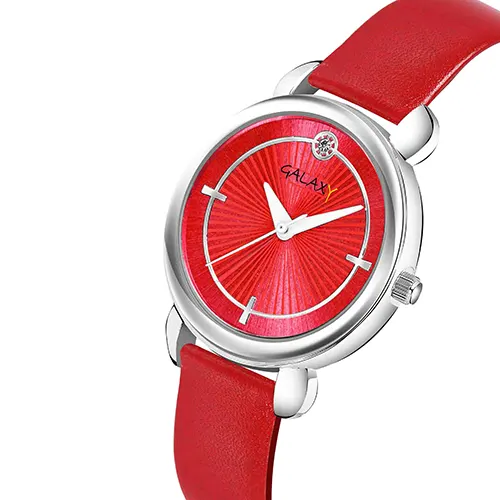 Red Analog Watch with Sunray Dial and Diamond Accents