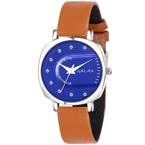 Blue Dial Square Watch with Brown Strap