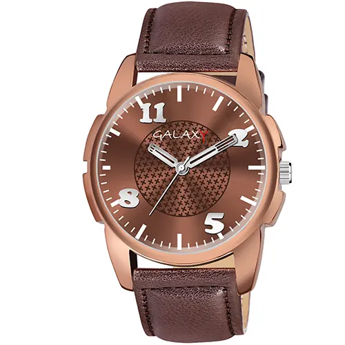 Classic analog watch with a brown leather strap