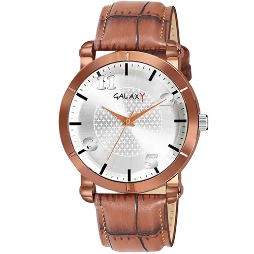 Classic analog watch with a brown leather strap