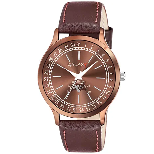 Classic analog watch with a brown leather strap.