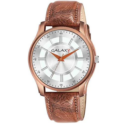 Classic round design, a silver dial, and a brown faux leather strap