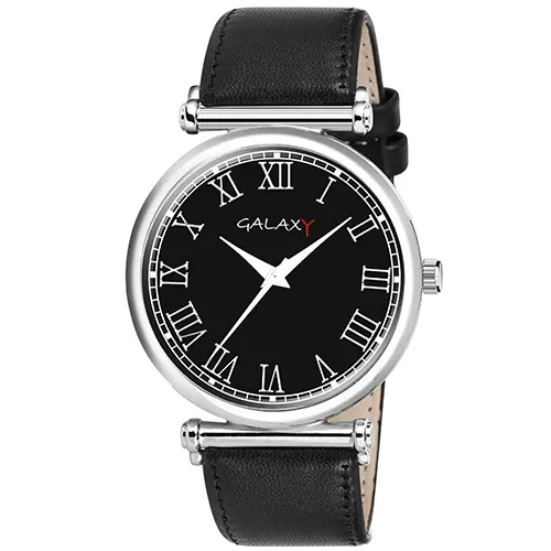 Roman Numeral Black Dial Faux Leather Watch