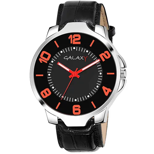 Black Dial Leather Watch with Orange Accents