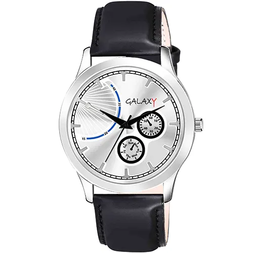 Silver Dial Black Faux Leather Watch