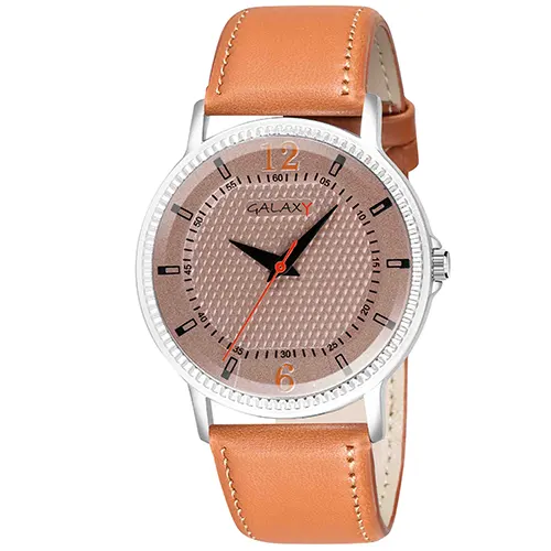 Men's Classic Mat Silver Dial Analog Watch with orange Leather Strap
