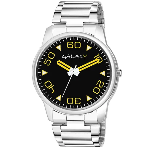 Galaxy Silver Watch with Black Dial and Yellow Accents