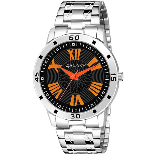 Silver Watch with Black Dial and Orange Accents