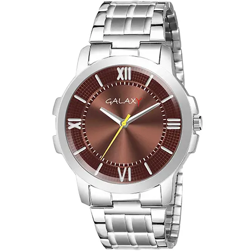 Galaxy Silver Watch with Brown Dial and Yellow Accents
