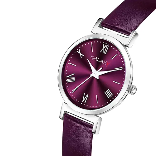 Women's Watch with Purple Dial, Roman Numerals, and Faux Leather Strap