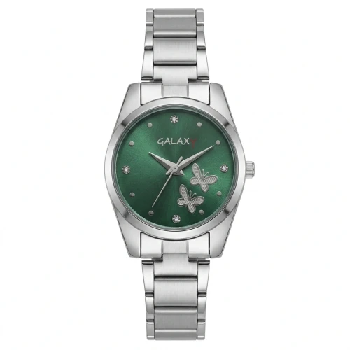 Galaxy Blando women butterfly dial green analog watch silver metal strap