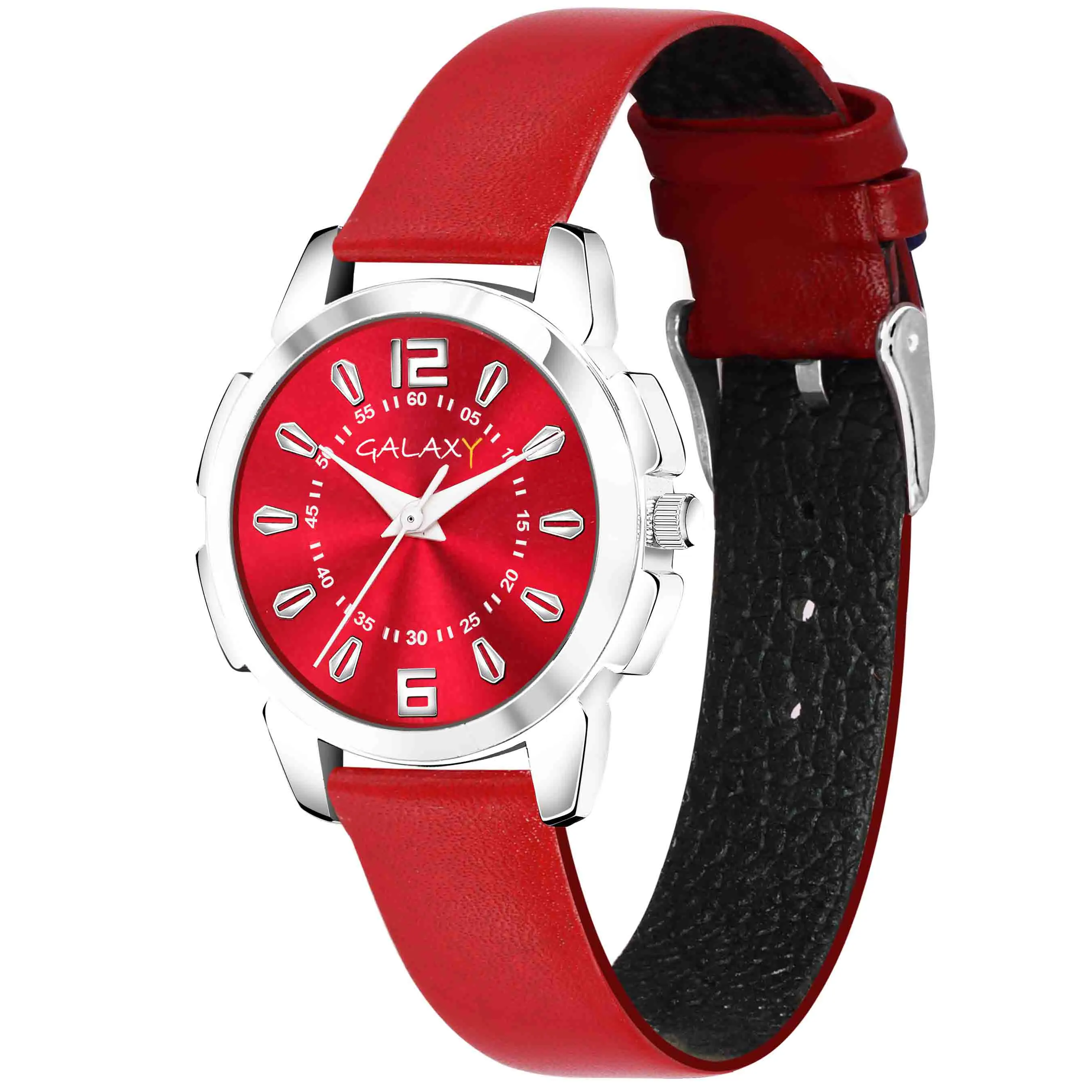 Red Dial Faux Leather Strap Watch