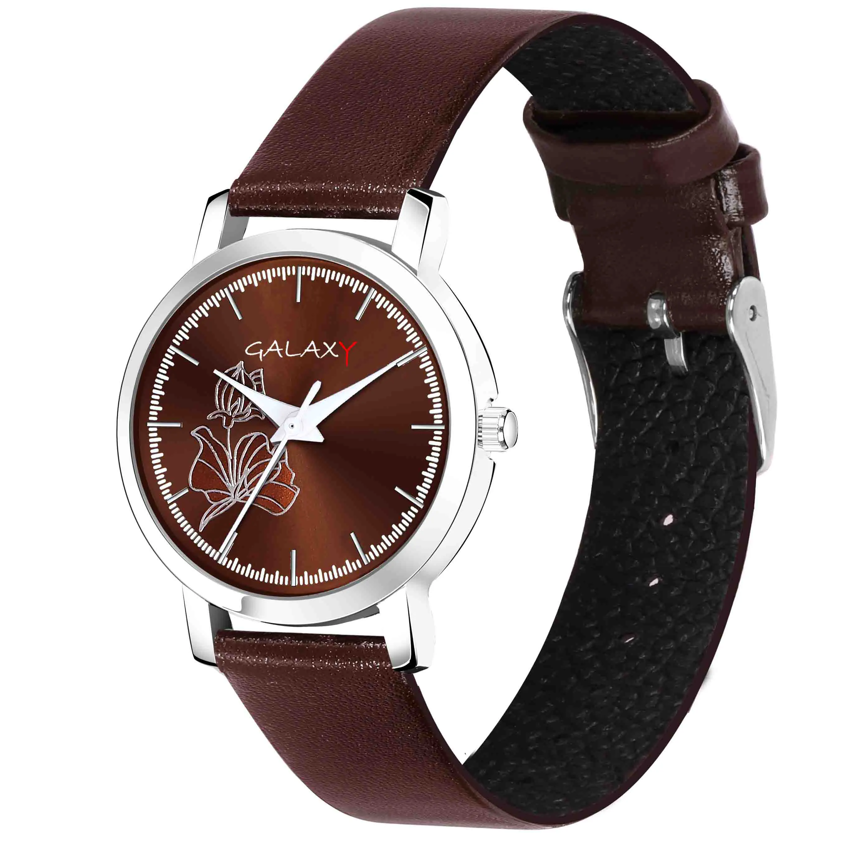 Floral Brown Dial Faux Leather Strap Watch