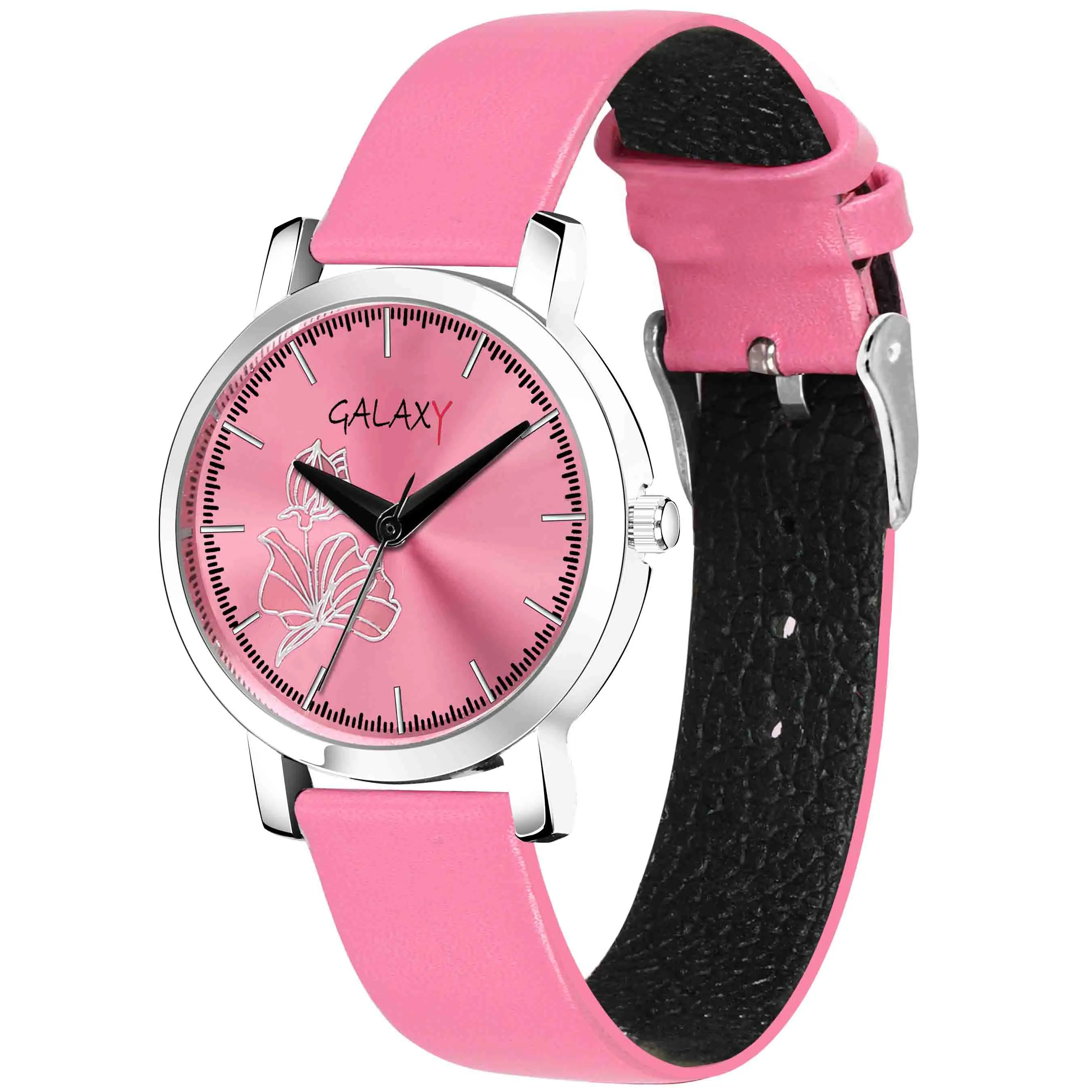 Pink Floral Dial Faux Leather Strap Watch